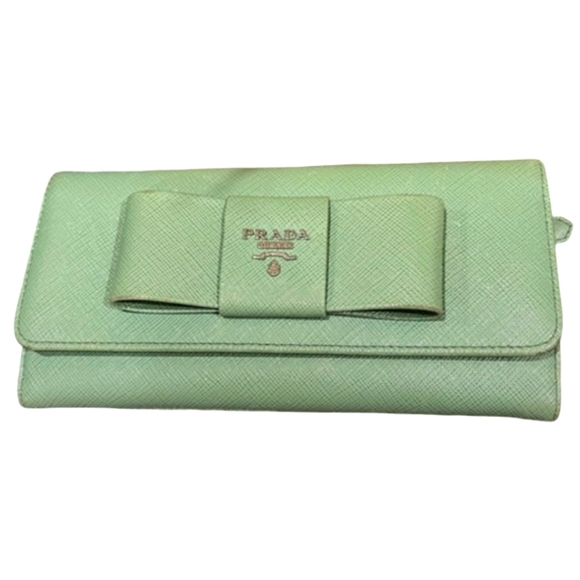 EUC PRADA Green Fiocco Bow Saffiano Leather Long Wallet - Picture 1 of 9